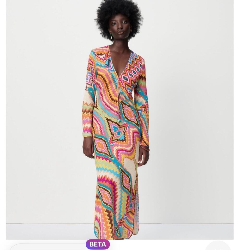 Zara Multicolor Geometric Boho Long Sleeve Maxi Dress, S
